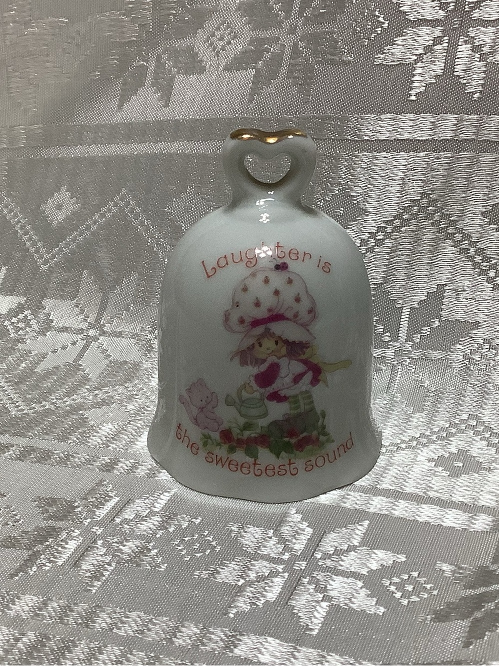 Strawberry Shortcake Porcelain Bell with Heart Handle - White with Pink Accents